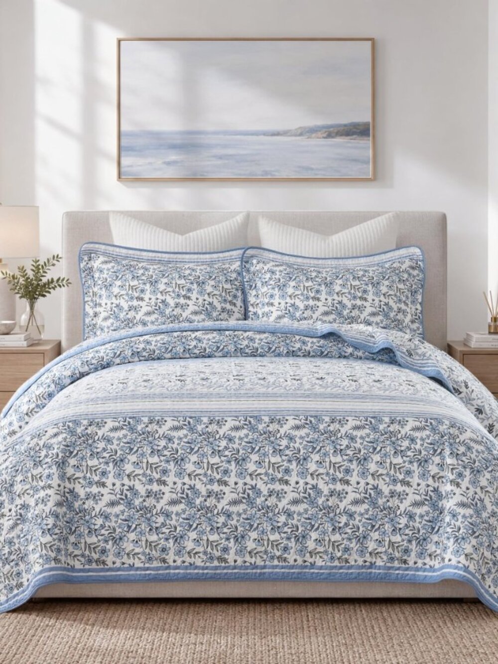 King Quilt Set, 100% Cotton French Country Bedding Blue Floral Quilts